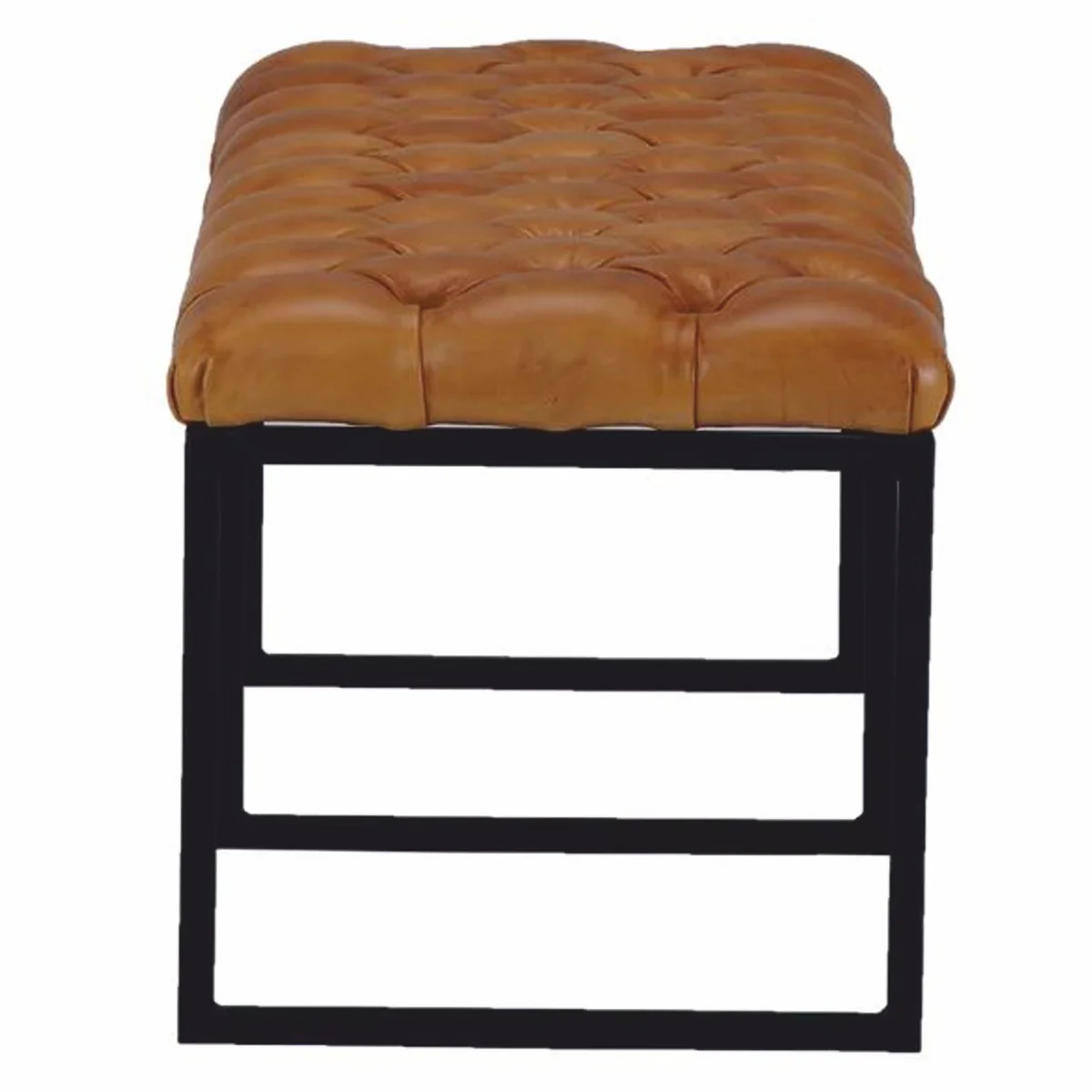 Luxus Chesterfield Echtleder Sitzbank Hellbraun / Schwarz 130 cm - Echtleder Möbel