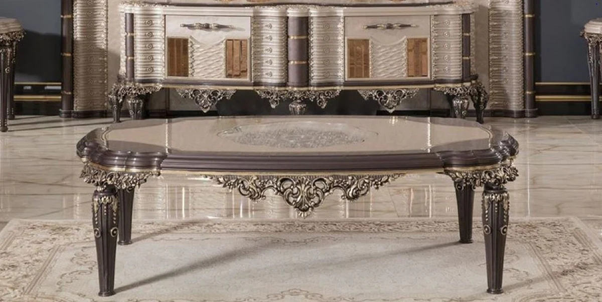 Luxus Barock Couchtisch Grau / Braun / Gold 120 cm - Barockstil Wohnzimmer Möbel