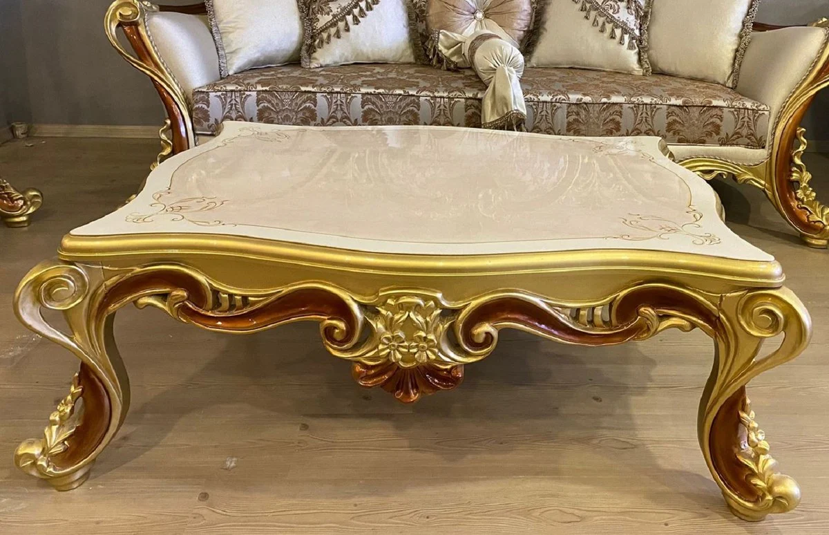 Luxus Barock Couchtisch Weiß / Beige / Gold / Braun - Prunkvoller Wohnzimmertisch im Barockstil - Luxus Wohnzimmer Möbel im Barockstil - Barock Möbel - Barock Wohnzimmer Einrichtung