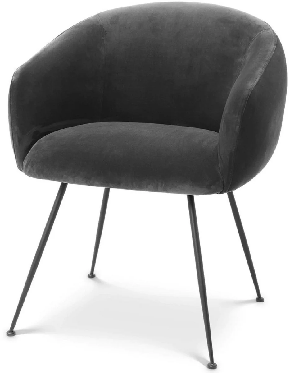 Luxus Esszimmerstuhl mit Armlehnen Grau / Schwarz 61 x 60 x H. 79 cm - Küchenstuhl mit edlem Samtstoff - Esszimmer Möbel - Küchen Möbel - Luxus Möbel - Luxus Einrichtung