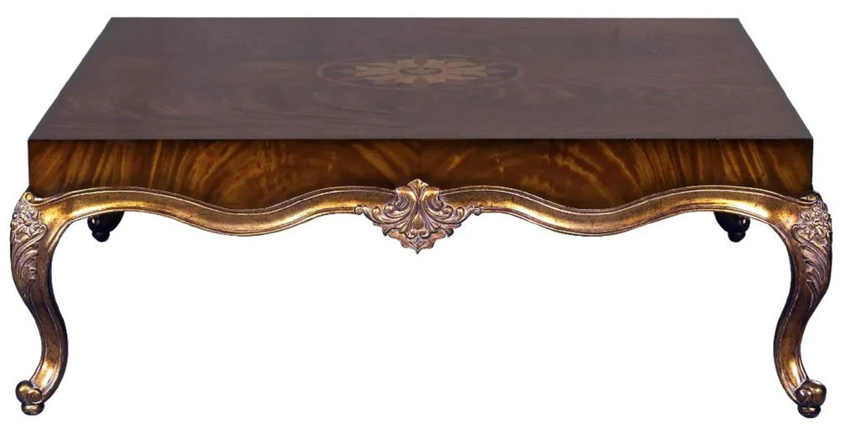 Luxus Barock Couchtisch Braun Intarsien / Antik Gold 130 x 130 x H. 46 cm - Prunkvoller Wohnzimmertisch im Barockstil - Barock Möbel - Luxus Möbel im Barockstil - Edel & Prunkvoll