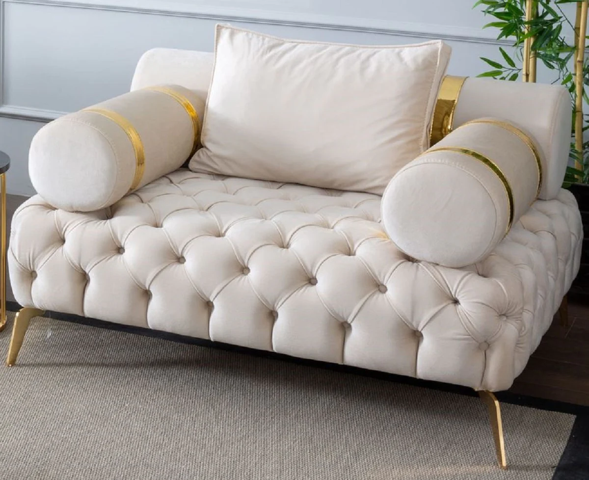Luxus Chesterfield Sessel Creme / Gold 130 x 115 x H. 70 cm - Chesterfield Wohnzimmer Sessel - Wohnzimmer Möbel - Chesterfield Möbel - Luxus Möbel - Luxus Einrichtung - Möbel Luxus