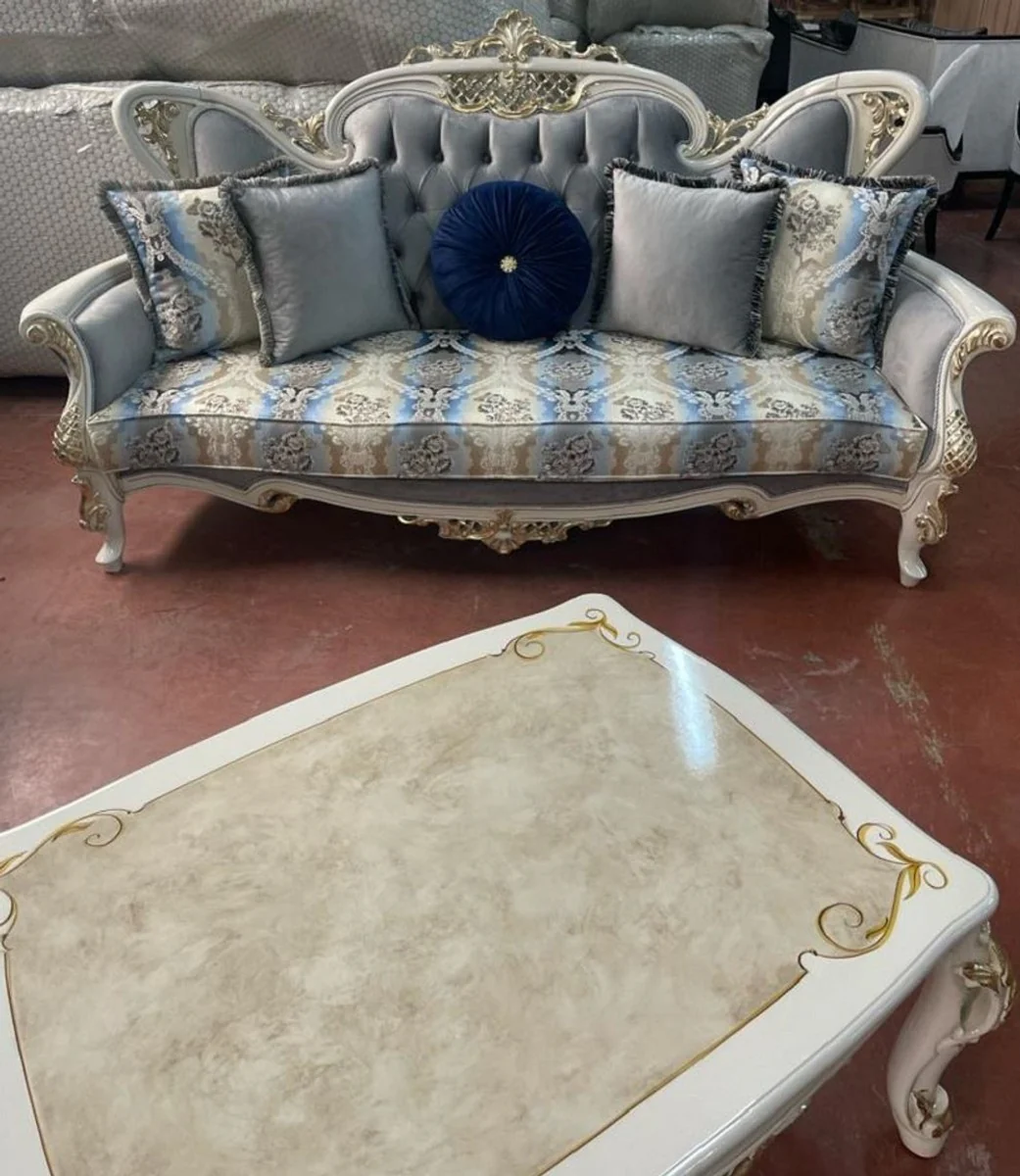 Luxus Barock Massivholz Couchtisch Weiß / Beige / Gold - Handgefertigter Wohnzimmertisch im Barockstil - Barock Wohnzimmer Möbel - Edel & Prunkvoll