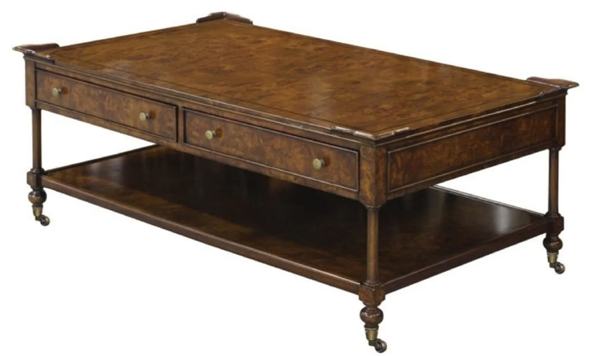 Luxus Jugendstil Couchtisch Braun 125 x 81 x H. 48 cm - Wohnzimmertisch mit Rollen und 2 Schubladen