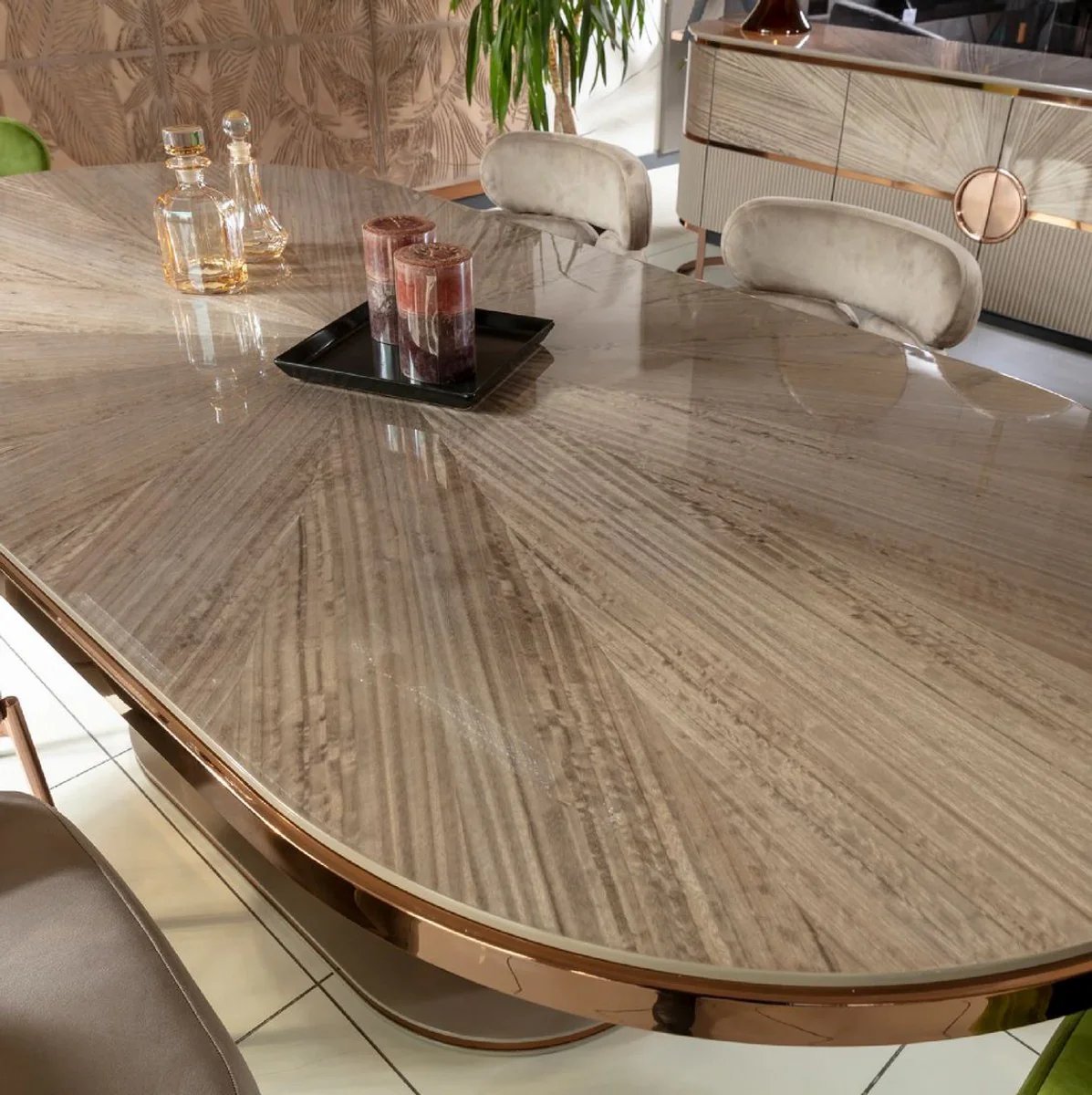 Luxus Esszimmer Set Grau / Grün / Kupfer