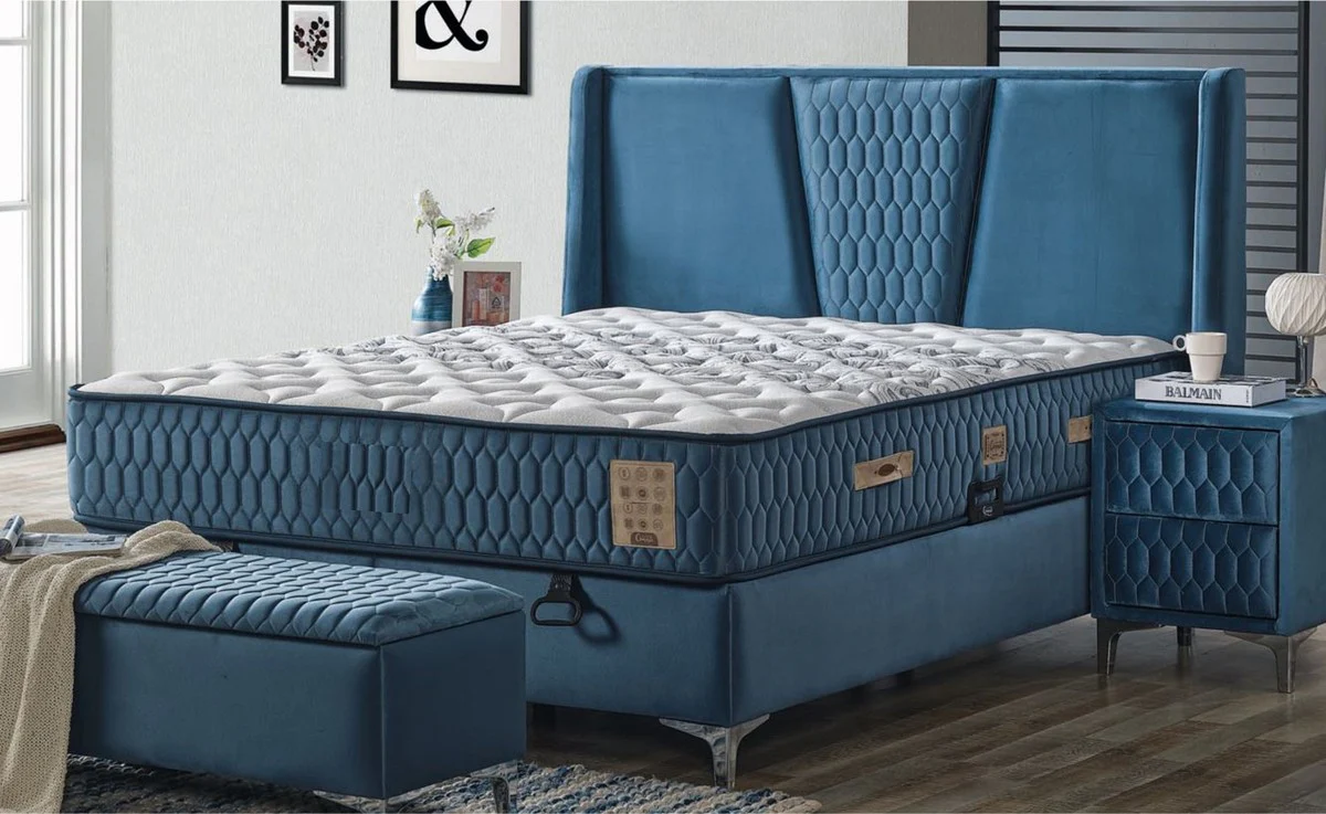 Luxus Doppelbett Blau / Weiß / Silber 180 x 200 cm - Massivholz Bett mit Kopfteil und Matratze - Schlafzimmer Möbel - Hotel Möbel - Luxus Möbel - Luxus Einrichtung