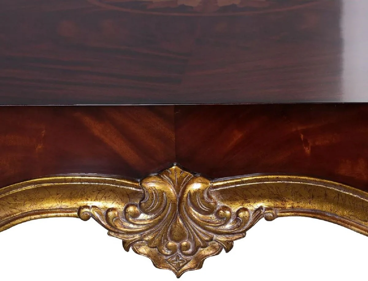 Luxus Barock Couchtisch Braun Intarsien / Antik Gold 130 x 130 x H. 46 cm - Prunkvoller Wohnzimmertisch im Barockstil - Barock Möbel - Luxus Möbel im Barockstil - Edel & Prunkvoll