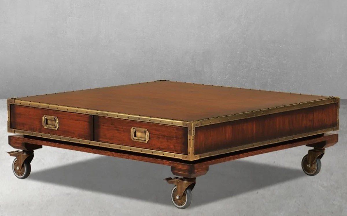 Luxus Vintage Stil Couchtisch Braun / Messing 109 x 109 x H. 35 cm - Quadratischer Massivholz Wohnzimmertisch mit Rollen und Schubladen - Vintage Stil Wohnzimmer Möbel - Luxus Möbel