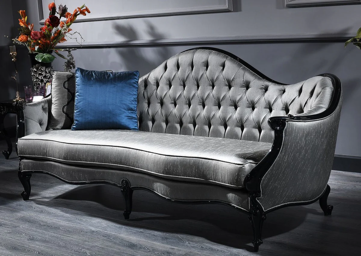 Luxus Barock Sofa Silber / Schwarz 250 x 92 x H. 103 cm - Prunkvolles Wohnzimmer Sofa im Barockstil