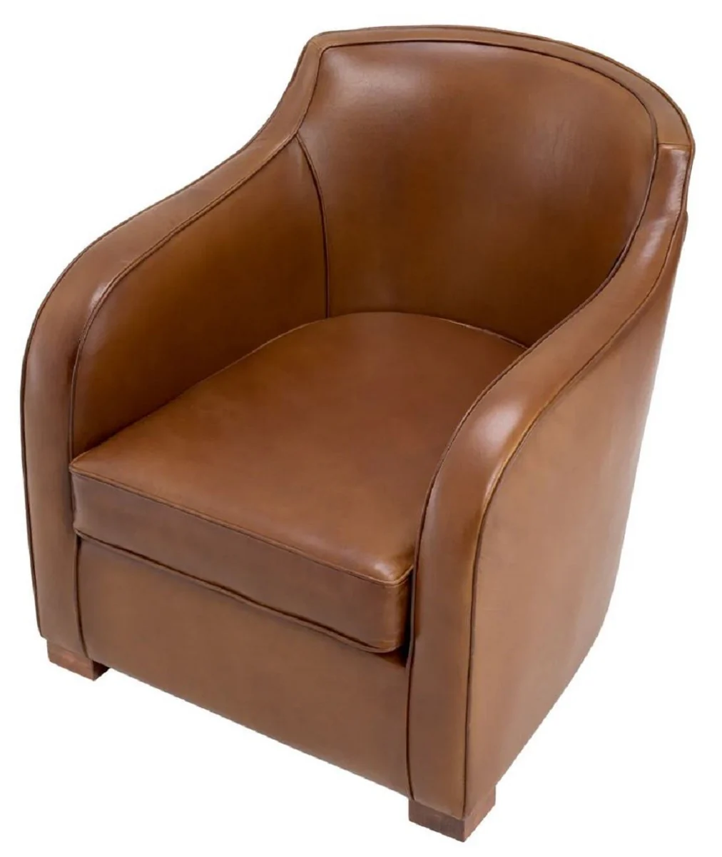 Luxus Leder Sessel Braun 69 x 80 x H. 71 cm - Echtleder Wohnzimmer Sessel - Hotel Sessel - Wohnzimmer Möbel - Hotel Möbel - Luxus Qualität