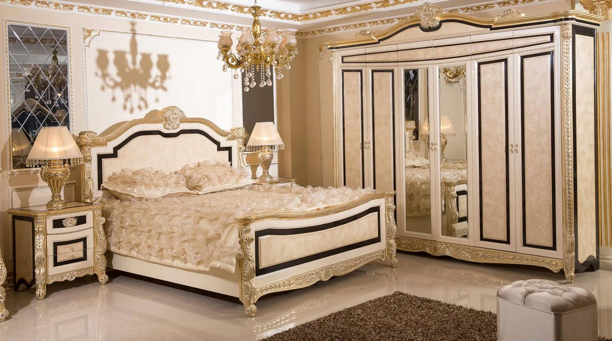 Luxus Barock Doppelbett Weiß / Beige / Schwarz / Gold - Prunkvolles Barockstil Bett - Luxus Schlafzimmer Möbel im Barockstil - Barock Schlafzimmer Möbel - Barock Einrichtung