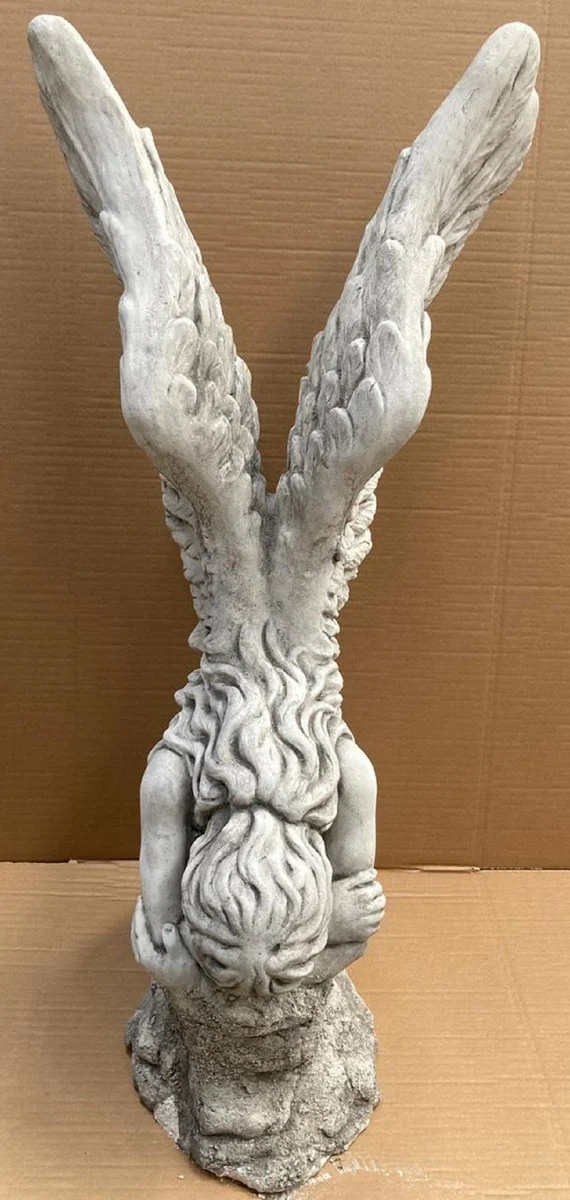 Barock Deko Skulptur Frau mit Flügel Weiß / Grau 56 x 63 x H. 110 cm - Garten Deko Stein Figur - Barock Garten & Terrassen Deko Accessoires