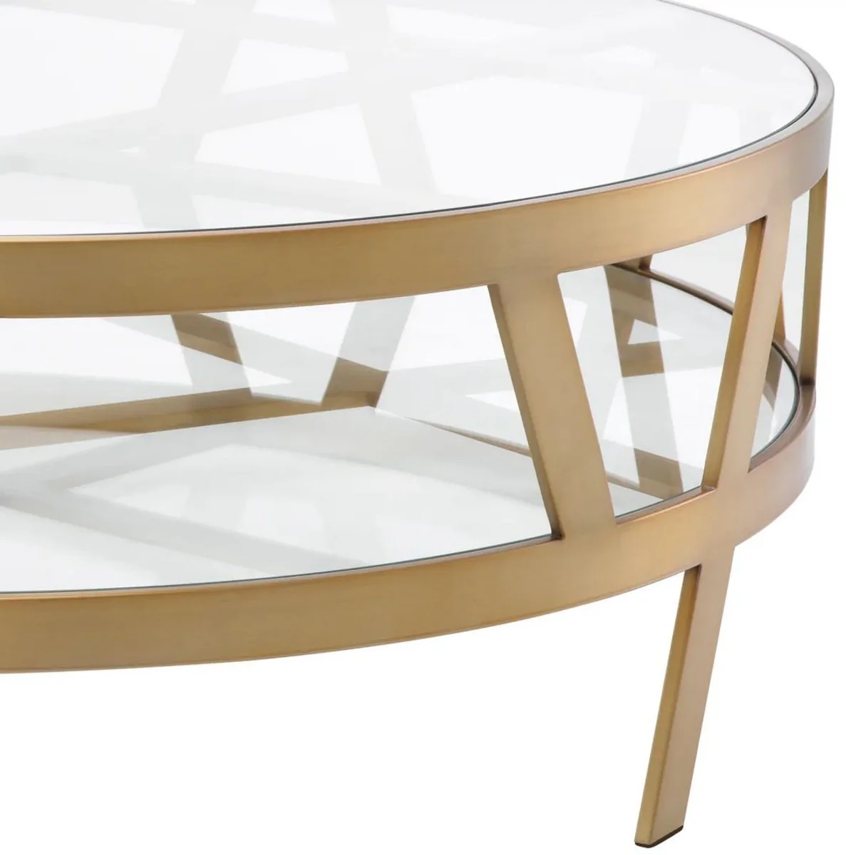 Luxus Couchtisch Messing Ø 110 x H. 37 cm - Runder Edelstahl Wohnzimmertisch mit Glasplatten - Wohnzimmer Möbel - Hotel Möbel - Luxus Möbel - Luxus Qualität