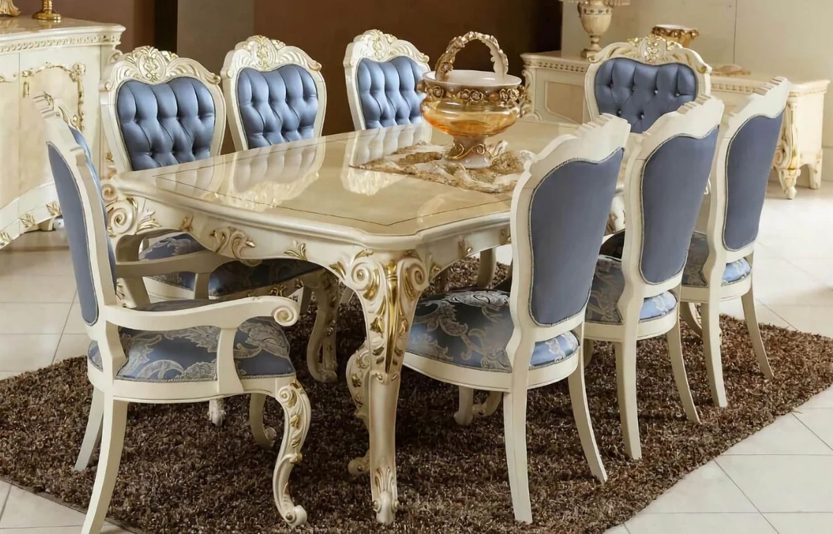 Luxus Barock Esszimmer Set Blau / Weiß / Gold - 1 Barock Esstisch & 6 Barock Esszimmerstühle - Barock Esszimmer Möbel - Luxus Möbel im Barockstil - Edel & Prunkvoll