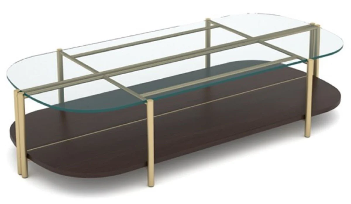 Luxus Couchtisch Dunkelbraun / Messing 155 x 75 x H. 35 cm - Wohnzimmertisch mit Glasplatte - Wohnzimmer Möbel - Hotel Möbel - Luxus Möbel - Luxus Einrichtung