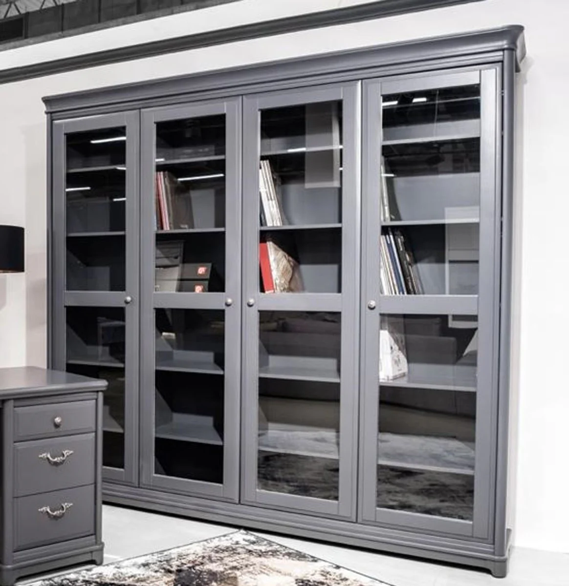 Landhausstil Bücherschrank mit 4 Glastüren Grau 234,4 cm