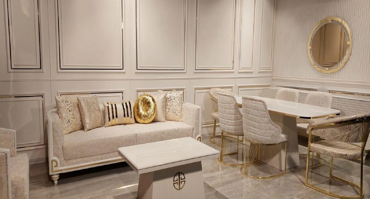 Luxus Art Deco Sofa Grau / Weiß / Gold - Wohnzimmer Sofa - Hotel Sofa - Luxus Art Deco Wohnzimmer & Hotel Möbel