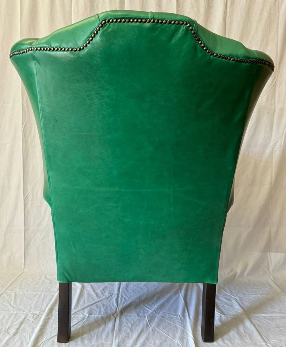 Luxus Chesterfield Echtleder Ohrensessel Grün / Dunkelbraun H. 110 cm