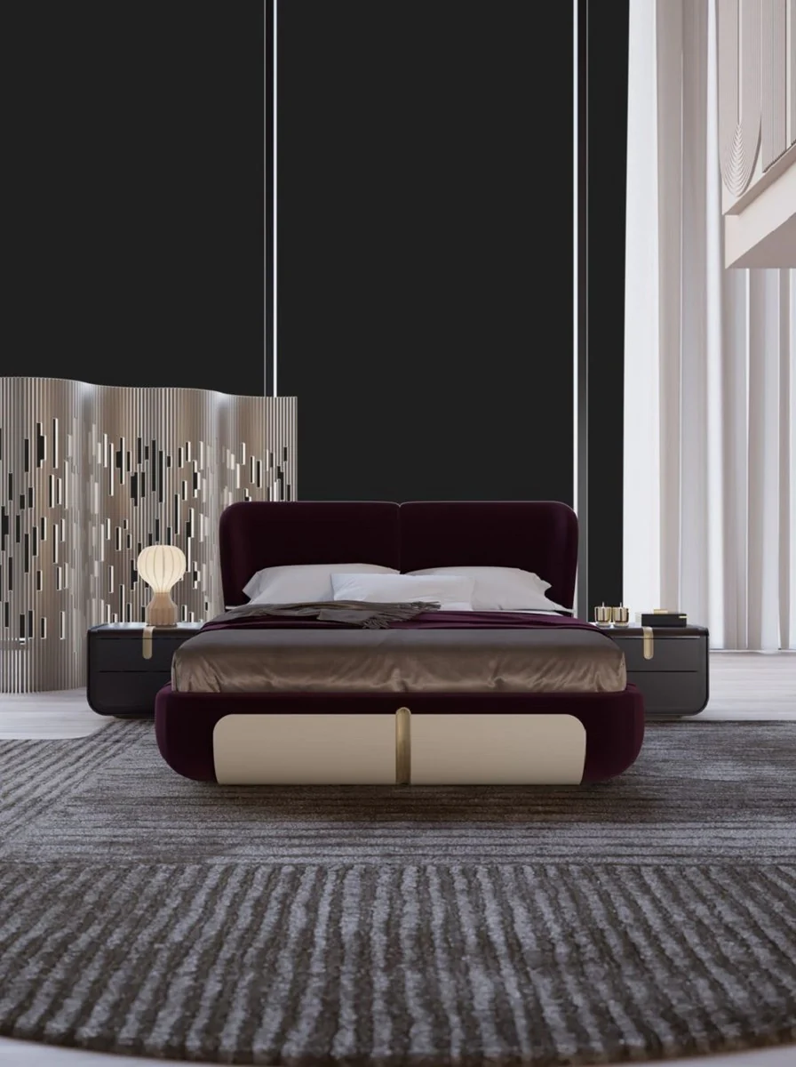 Luxus Doppelbett Lila / Creme / Beige 207 x 225 x H. 110 cm - Massivholz Bett - Schlafzimmer Möbel - Hotel Möbel - Luxus Möbel - Luxus Einrichtung