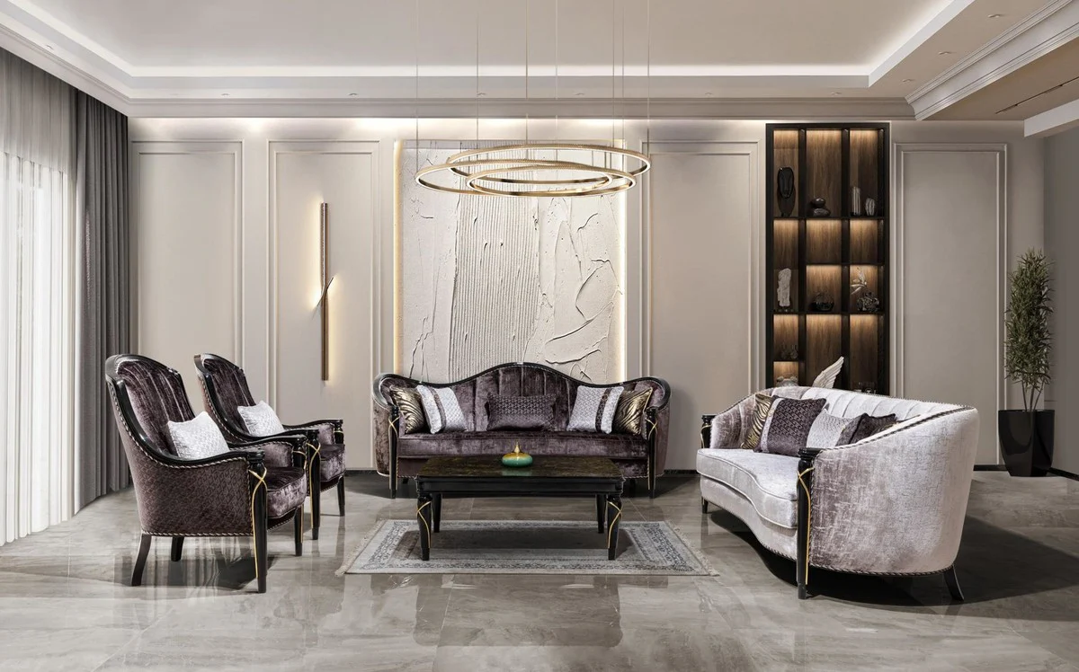 Luxus Barock Wohnzimmer Sofa Silber / Schwarz / Gold 245 cm