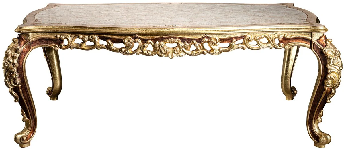 Luxus Barock Esszimmer Set Weiß / Gold / Braun / Gold - 1 Esszimmertisch & 6 Esszimmerstühle - Edle Esszimmer Möbel im Barockstil - Edel & Prunkvoll