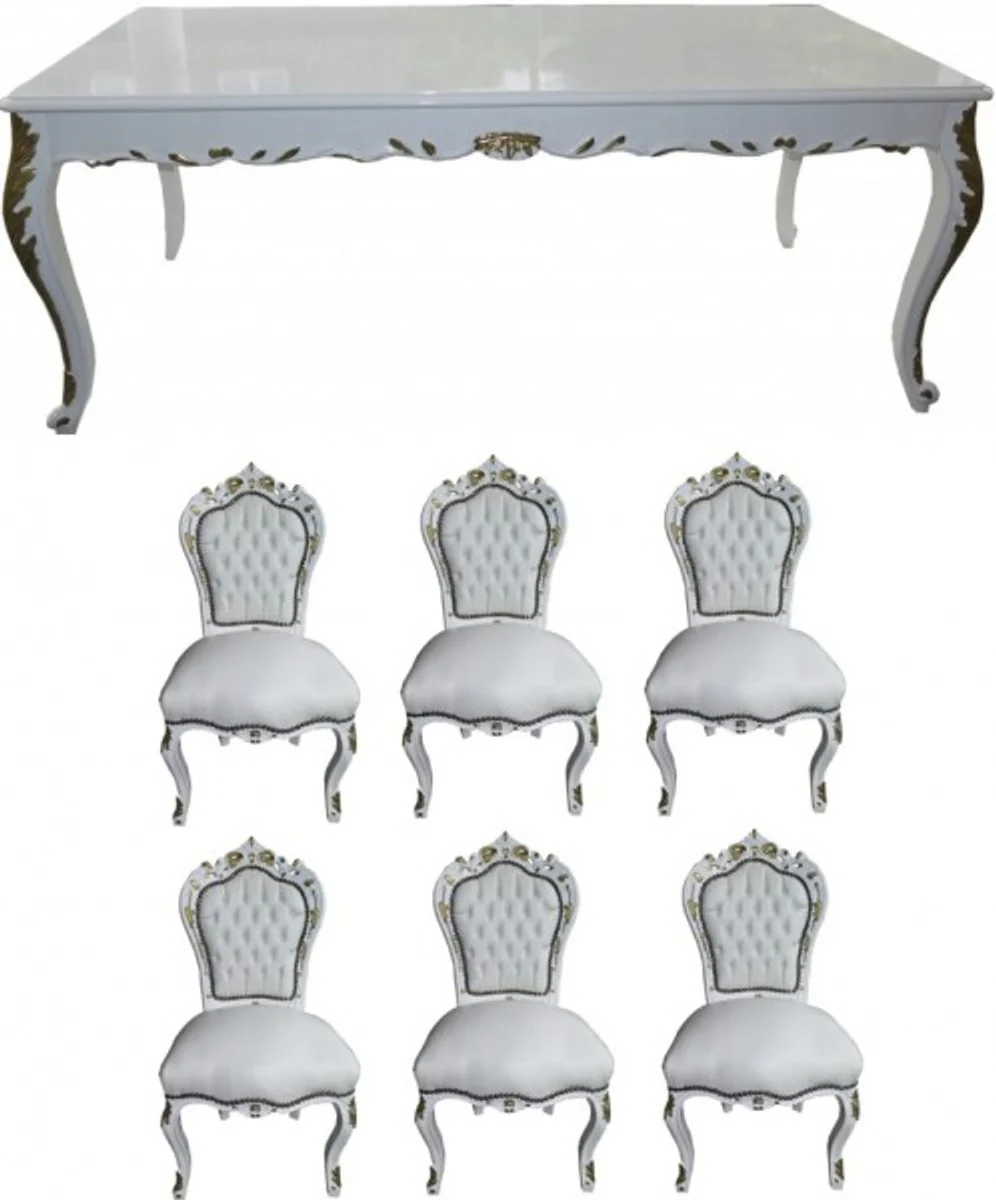Barock Esszimmer Set Weiß / Weiß / Gold - Esstisch + 6 Stühle - Möbel Antik Stil