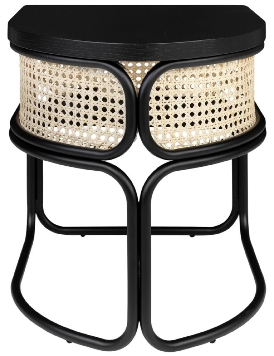 Designer Couchtisch Schwarz / Naturfarben 50 x 40 x H. 45,5 cm - Wohnzimmertisch mit Eichenfurnier Tischplatte edlem Rattangeflecht und pulverbeschichtetem Stahlrahmen