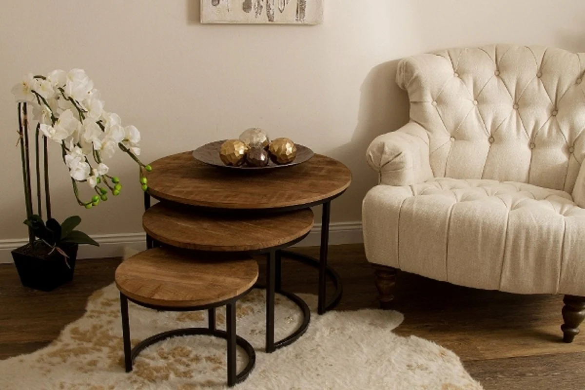 Luxus Couchtisch 3er Set Naturfarben / Schwarz Ø 78 x H. 48 cm - Runde Wohnzimmertische mit halbrundem Metall Untergestell