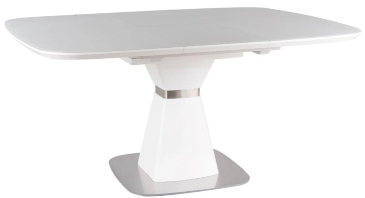 Luxus Esstisch Matt Weiß / Silber 120-160 x 120 x H. 76 cm - Moderner ausziehbarer Esszimmertisch mit gehärteter Glasplatte - Esszimmer Möbel