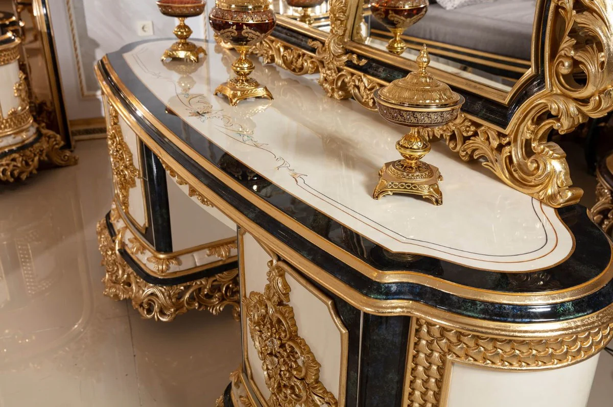 Luxus Barock Schlafzimmer Set Weiß / Blau / Gold - 1 Barock Schminkkommode mit 5 Schubladen & 1 Barock Spiegel & 1 Barock Hocker - Barock Schlafzimmer Möbel - Edel & Prunkvoll