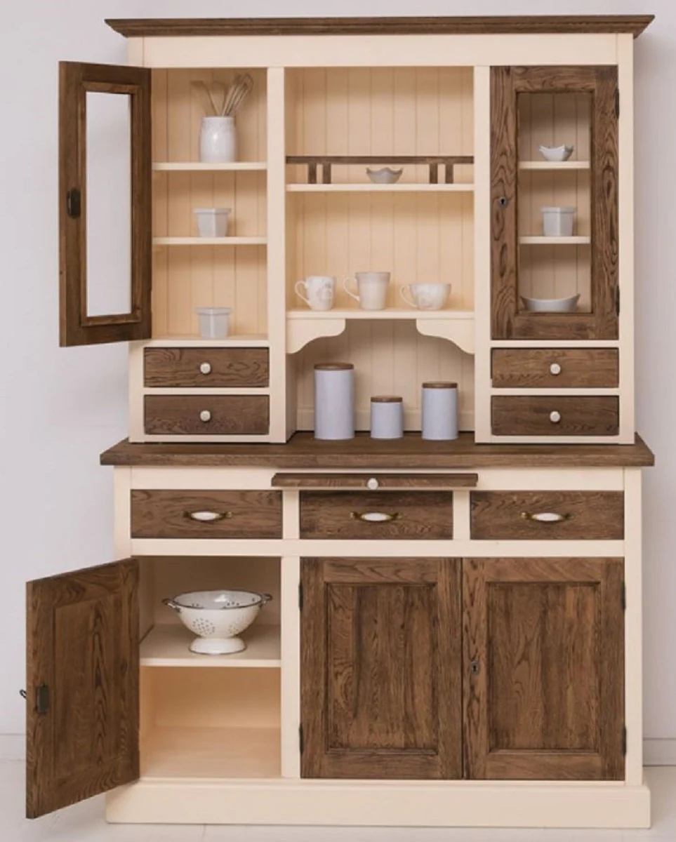 Landhausstil Esszimmerschrank Creme / Dunkelbraun 137 x 50 x H. 197 cm - Massivholz Küchenschrank - Esszimmer Möbel im Landhausstil - Landhausstil Esszimmer Einrichtung