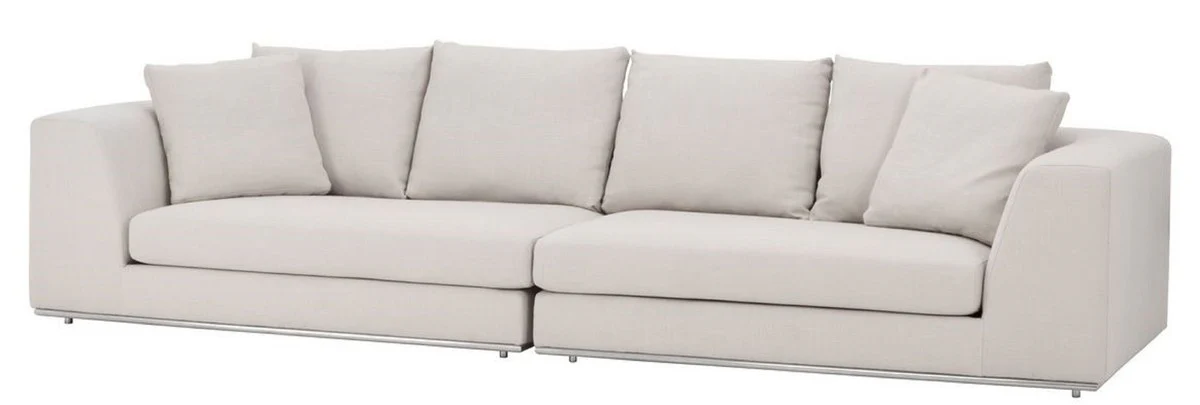 Luxus Sofa mit 6 Kissen Naturfarben / Silber 317 x 112 x H. 84 cm - Luxus Wohnzimmer Möbel