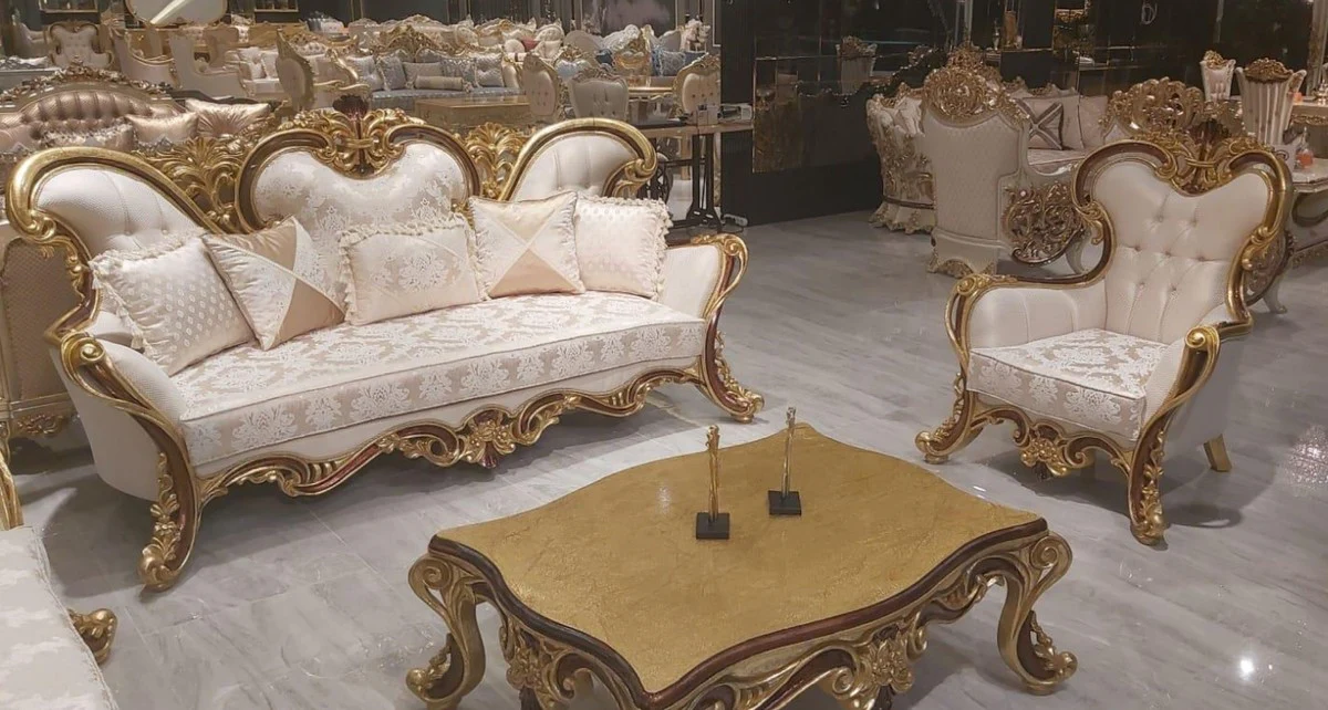 Luxus Barock Wohnzimmer Set Cremefarben / Braun / Gold - 2 Barock Sofas & 2 Barock Sessel & 1 Barock Couchtisch - Barock Wohnzimmer Möbel