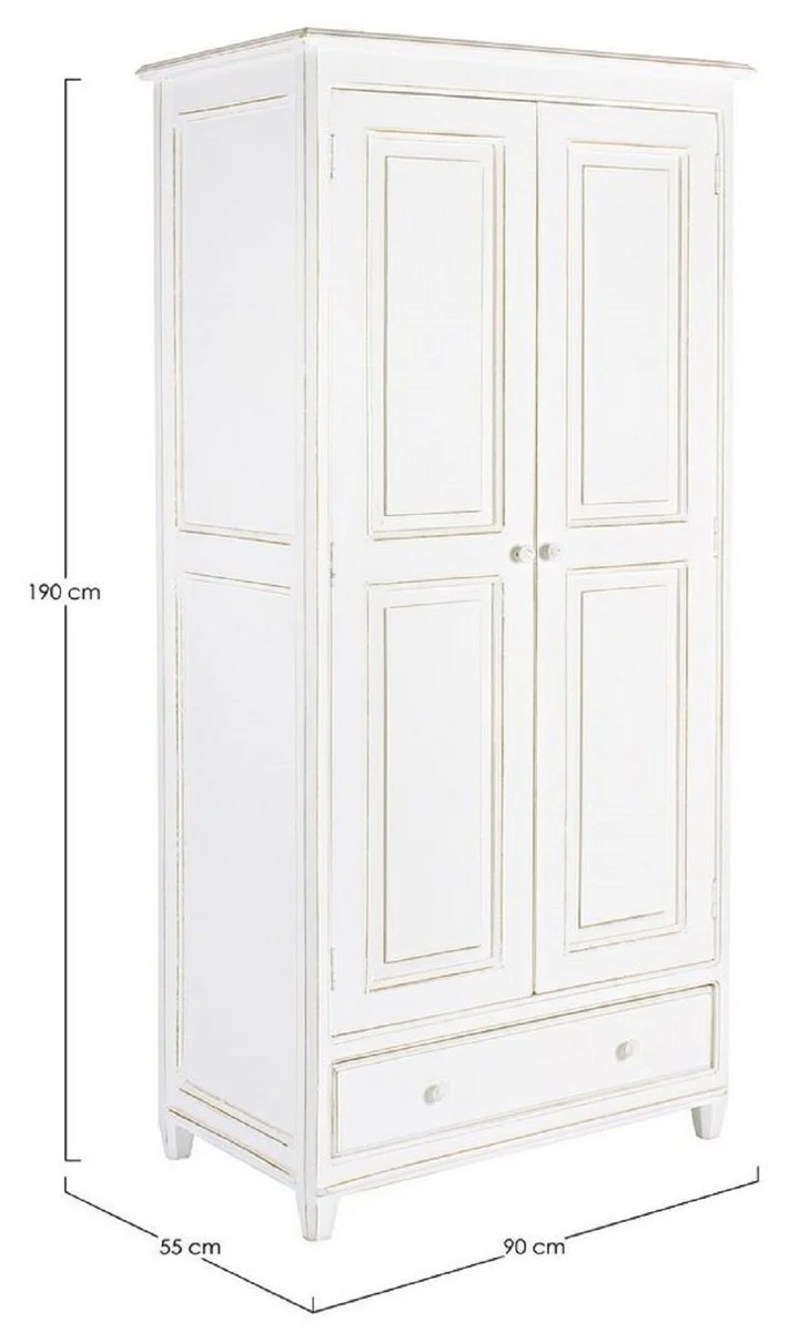 Landhausstil Schlafzimmerschrank Antik Weiß 90 x 55 x H. 190 cm - Massivholz Kleiderschrank mit 2 Türen und Schublade - Massivholz Schlafzimmer Möbel im Landhausstil