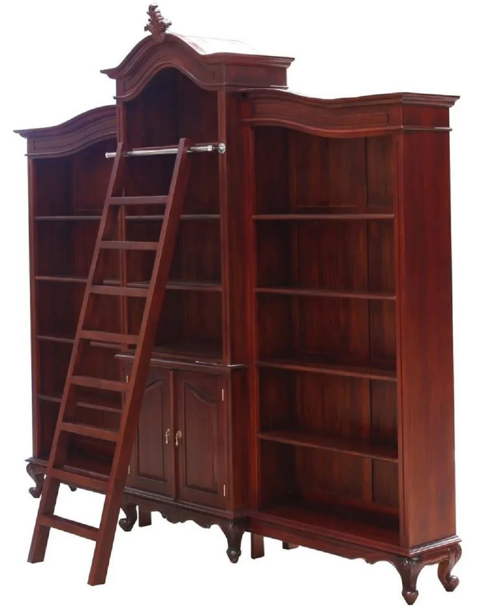 Luxus Barock Mahagoni Bücherschrank Dunkelbraun 280 x 47 x H. 245 cm - Prunkvoller Barockstil Schrank mit Leiter - Barock Büro Möbel - Edel & Prunkvoll