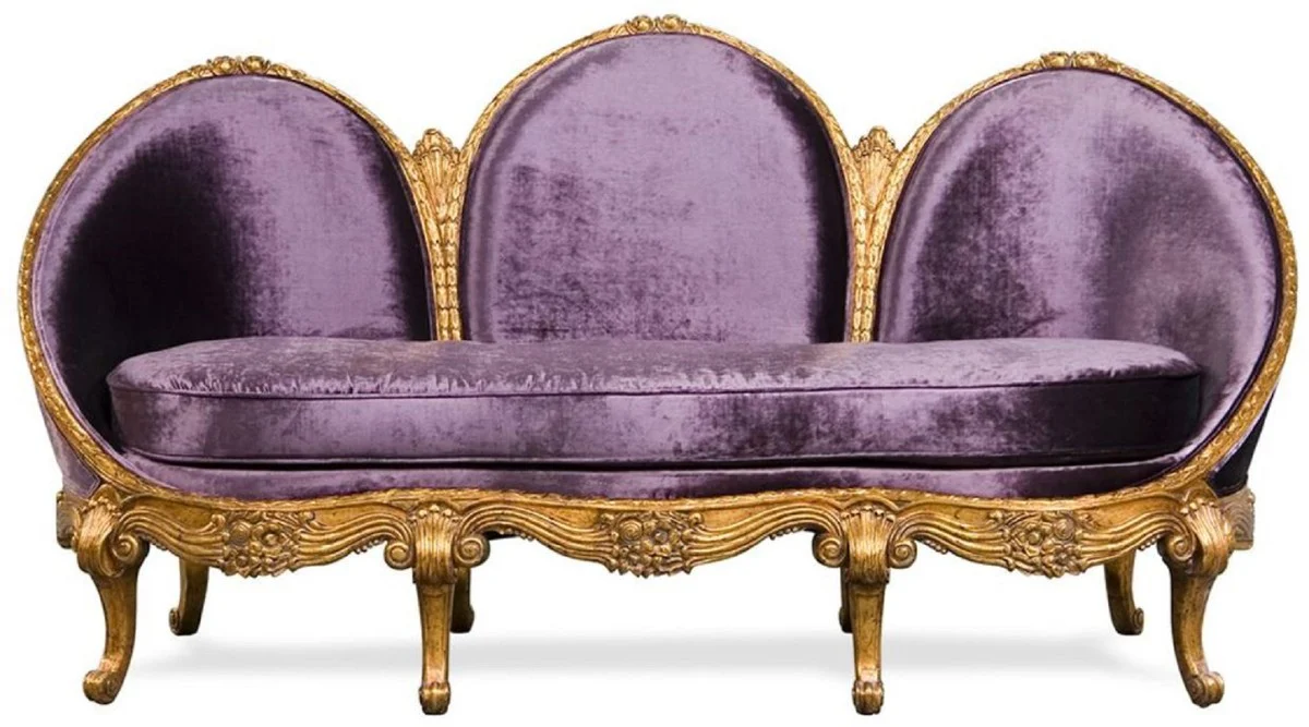 Luxus Barock Samt Sofa Lila / Antik Gold - Edles Handgefertigtes Wohnzimmer Sofa im Barockstil - Barock Wohnzimmer Möbel - Edel & Prunkvoll