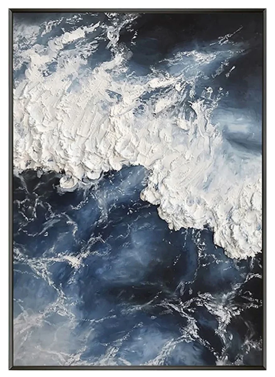 Luxus Designer Ölgemälde Blau / Weiß / Schwarz 120 x 9 x H. 160 cm - Handgemaltes Gemälde mit Metallrahmen - Luxus Wand Deko - Designer Wand Deko - Deko Accessoires - Luxus Qualität