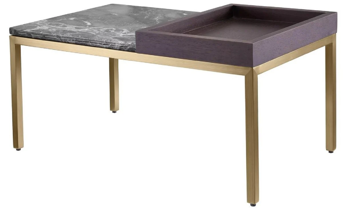 Luxus Beistelltisch Messing / Braun / Grau 70 x 40 x H. 35 cm - Rechteckiger Messing Tisch mit Walnuss Furnier und Marmorplatte - Wohnzimmer Möbel - Luxus Möbel - Luxus Einrichtung