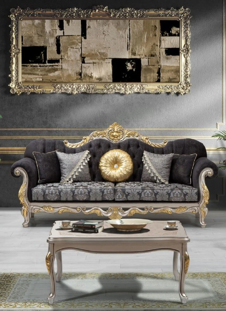 Luxus Barock Wohnzimmer Set Schwarz / Silber / Gold - 2 Sofas & 2 Sessel & 1 Couchtisch - Wohnzimmer Möbel im Barockstil - Edel & Prunkvoll