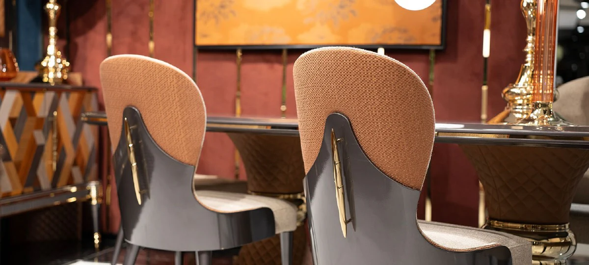 Luxus Art Deco Esszimmer Stuhl 6er Set Creme / Braun / Grau / Gold - Art Deco Küchenstühle - Luxus Art Deco Esszimmer Möbel