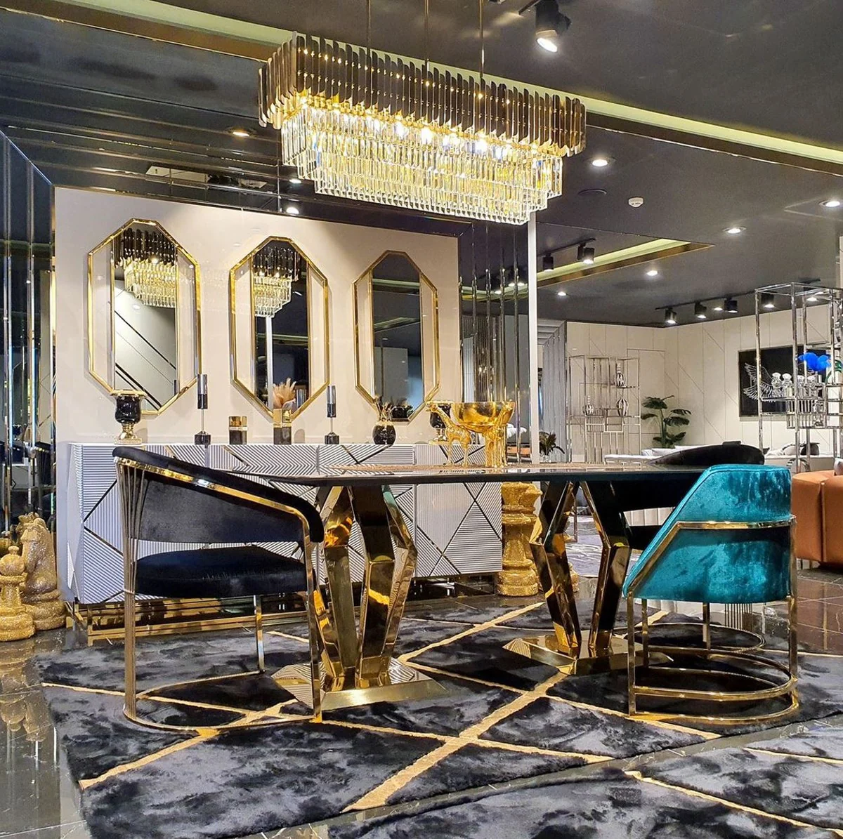 Luxus Esszimmerstuhl Türkis / Gold 60 x 56 x H. 80 cm - Luxus Esszimmer Möbel - Luxus Qualität