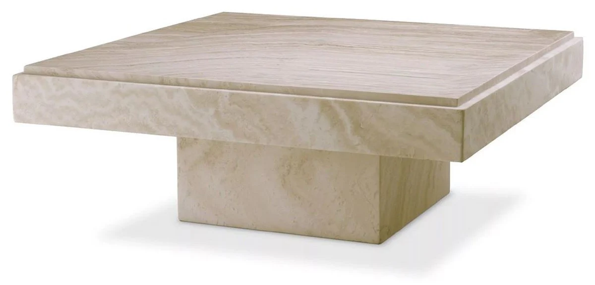 Luxus Couchtisch Beige 83 x 83 x H. 32 cm - Quadratischer Travertin Naturstein Wohnzimmertisch - Luxus Wohnzimmer Möbel