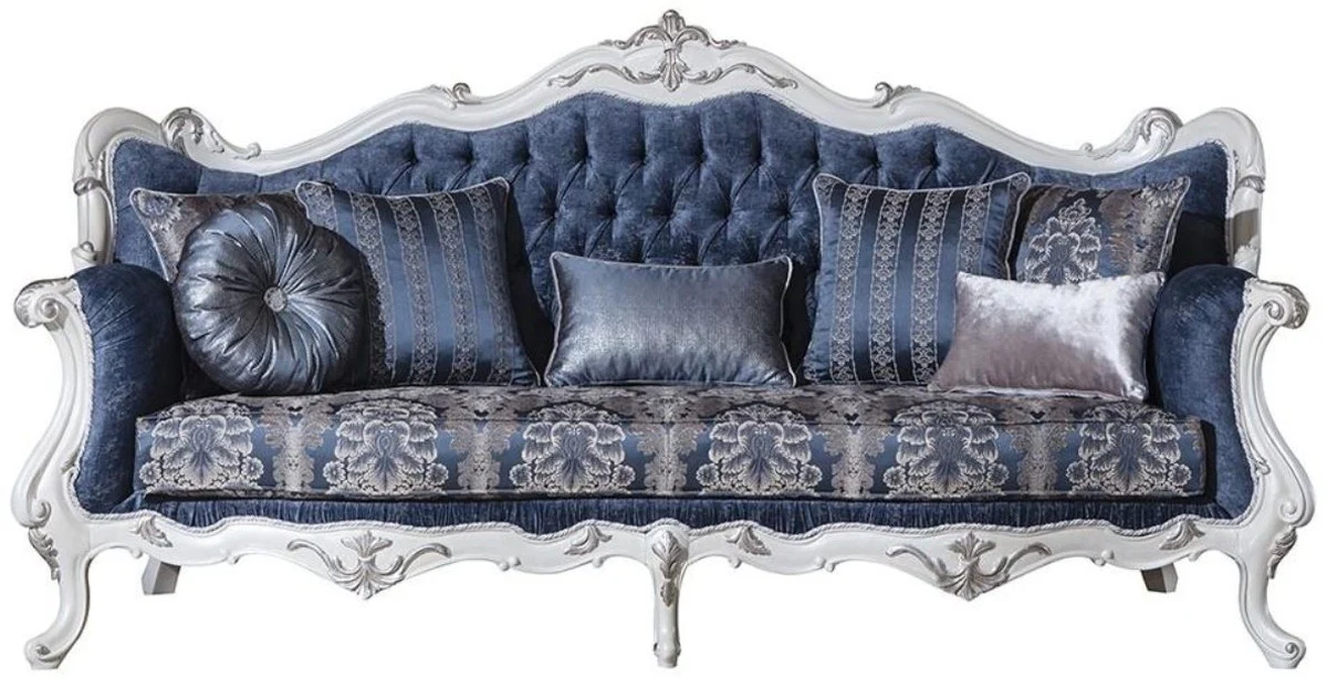 Luxus Barock Wohnzimmer Sofa mit Muster und dekorativen Kissen Blau / Weiß / Silber 240 x 90 x H. 120 cm - Prunkvolle Barock Möbel