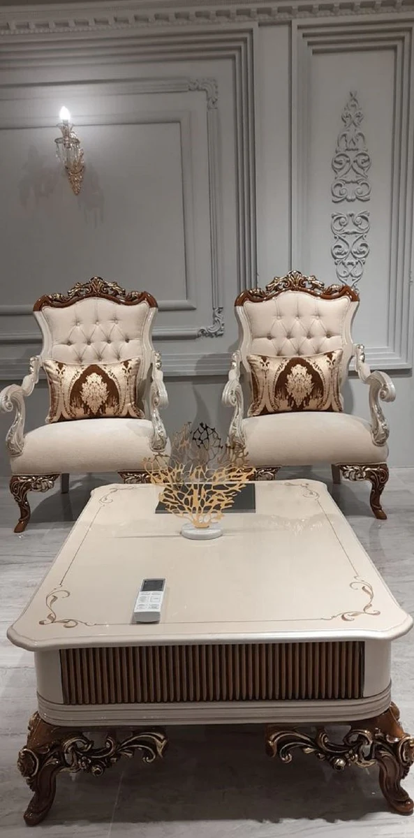 Luxus Barock Couchtisch Beige / Grau / Braun / Gold - Prunkvoller Massivholz Wohnzimmertisch im Barockstil - Barock Wohnzimmer Möbel - Edel & Prunkvoll