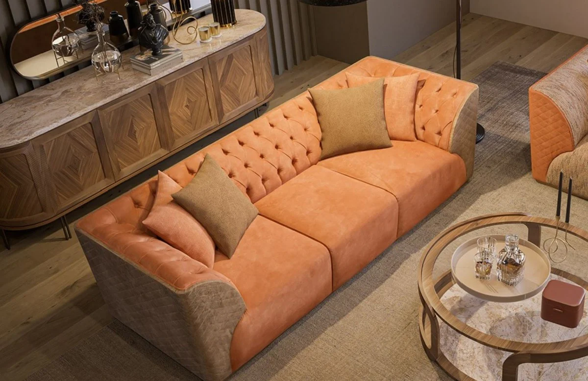 Luxus Chesterfield Sofa Orange / Braun / Messing 250 x 98 x H. 73 cm - Wohnzimmer Sofa - Hotel Sofa - Wohnzimmer Möbel - Chesterfield Möbel - Luxus Möbel - Luxus Einrichtung