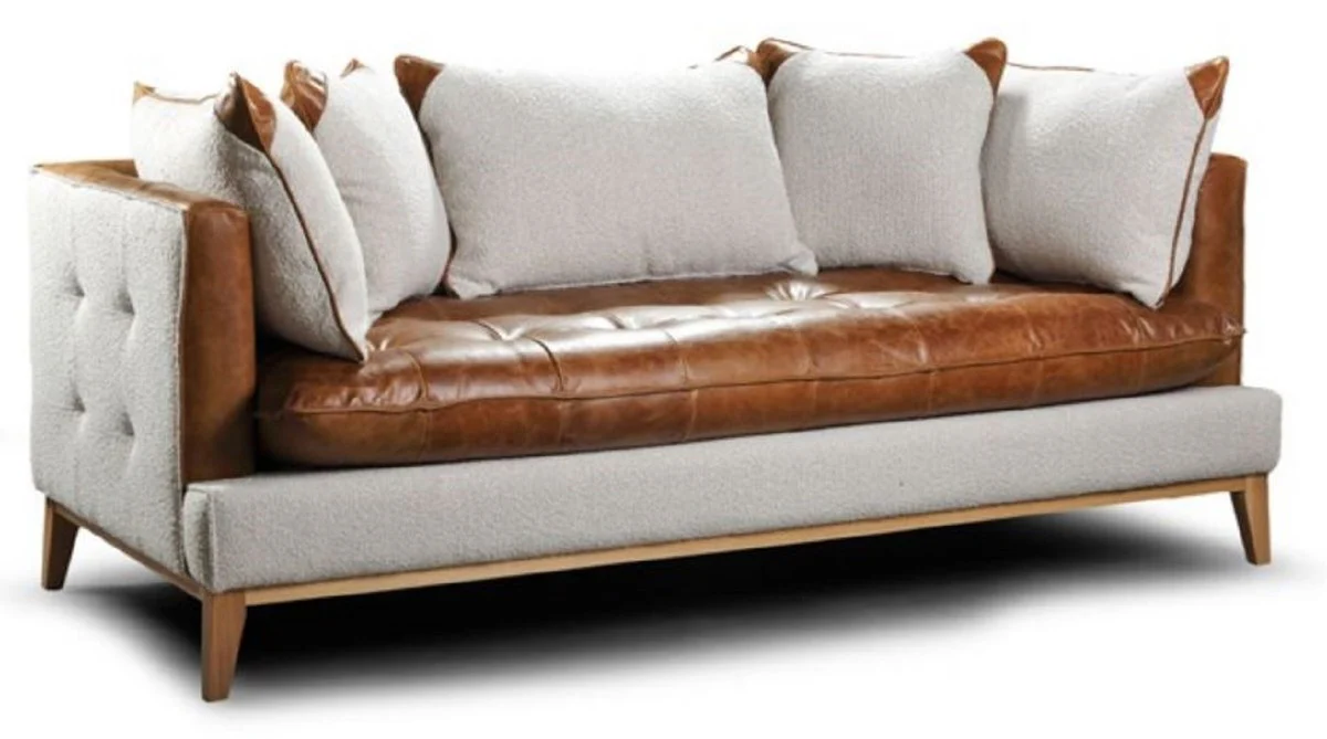 Luxus Chesterfield 3er Sofa Braun / Weiß / Naturfarben 215 x 95 x H. 85 cm - Wohnzimmer Sofa mit Echtleder - Chesterfield Wohnzimmer Möbel