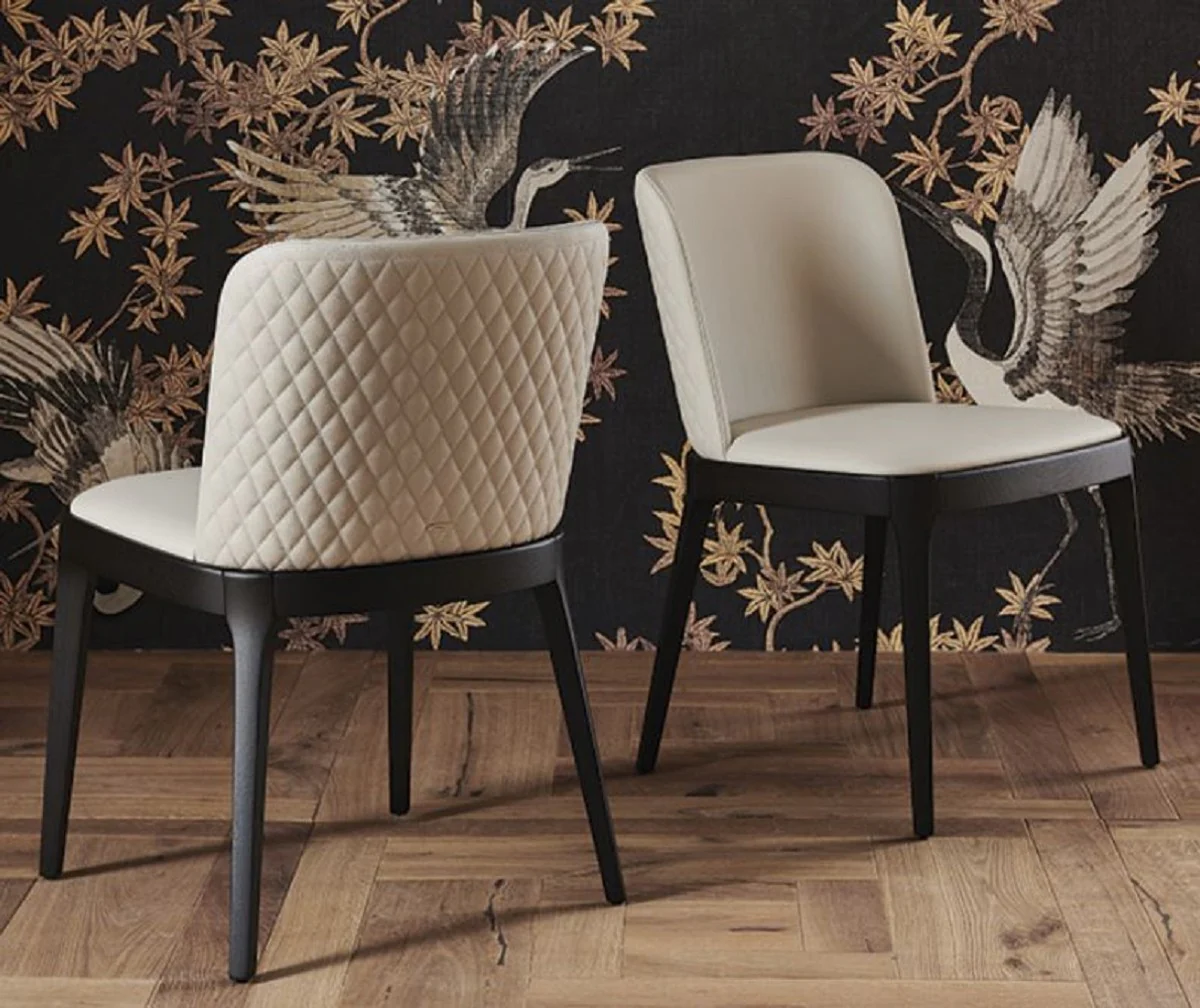 Luxus Esszimmerstuhl 8er Set Cremefarben / Schwarz - 6 Esszimmerstühle ohne Armlehnen & 2 Esszimmerstühle mit Armlehnen - Luxus Esszimmer Möbel - Luxus Qualität - Made in Italy