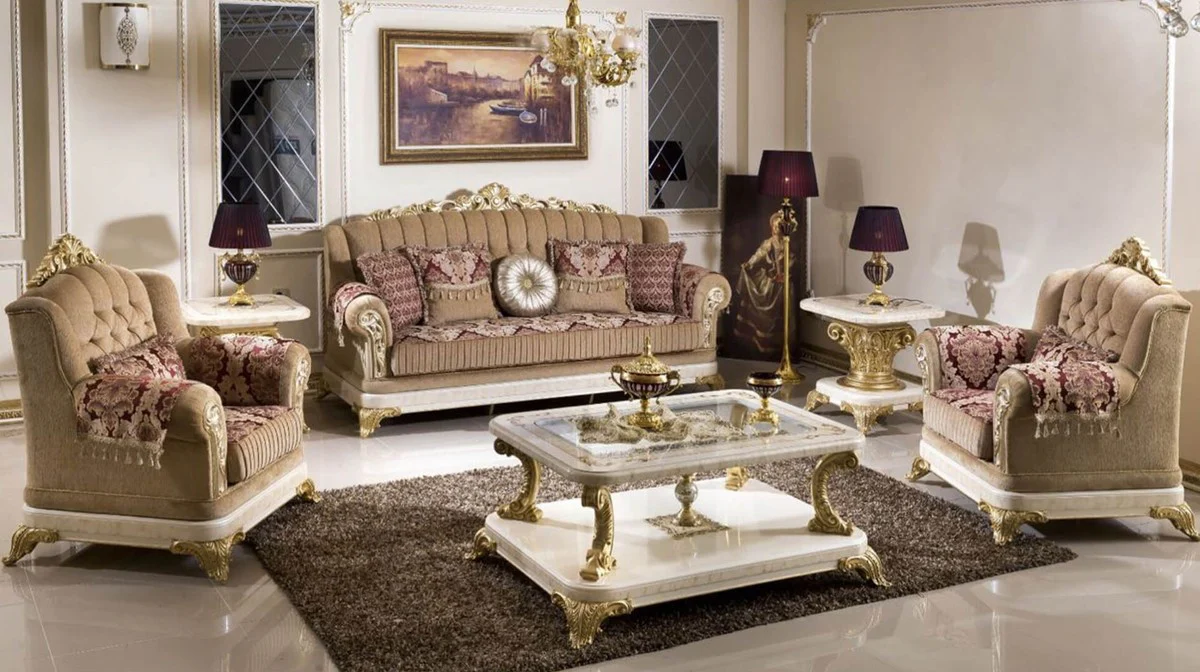 Luxus Barock Couchtisch mit Glasplatte Weiß / Beige / Gold - Prunkvoller Massivholz Wohnzimmertisch im Barockstil - Barock Wohnzimmer Möbel - Edel & Prunkvoll