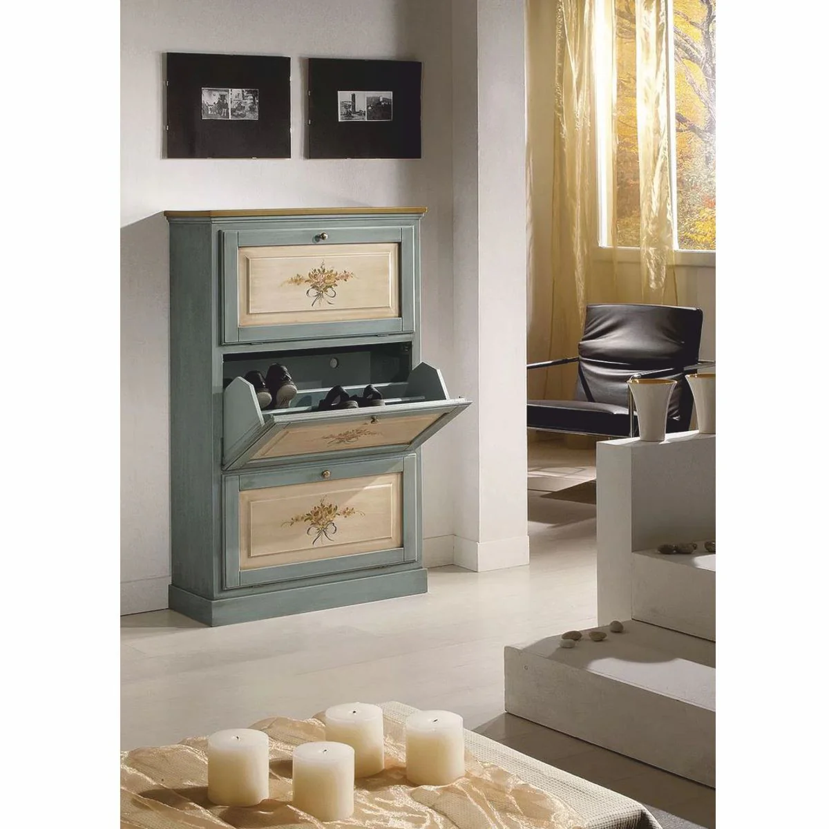 Luxus Barock Schuhschrank Blau / Naturfarben / Braun H. 130 cm - Made in Italy