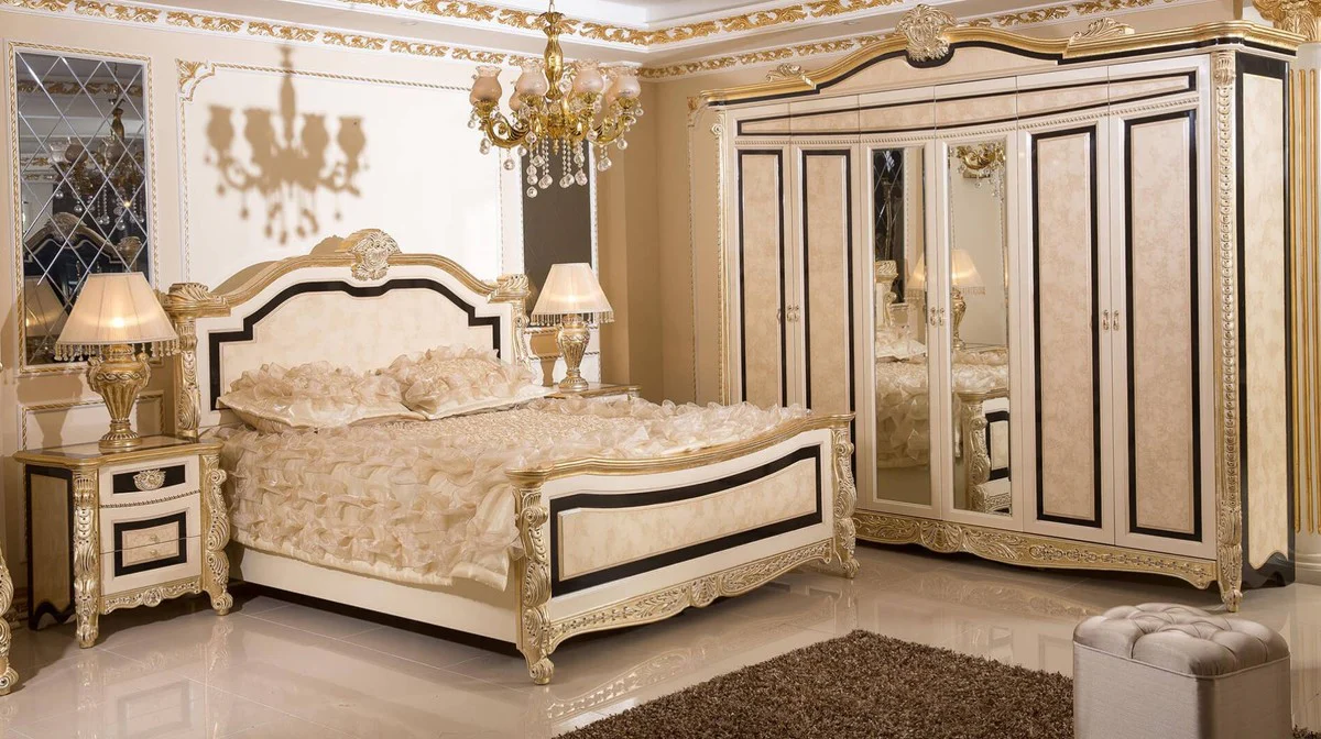 Luxus Barock Schlafzimmerschrank Weiß / Beige / Schwarz / Gold - Prunkvoller Massivholz Kleiderschrank im Barockstil - Barock Schlafzimmer & Hotel Möbel - Edel & Prunkvoll